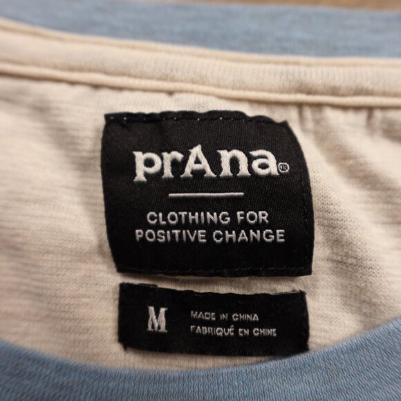 prAna Women’s Colorblock Relaxed Tee Size Medium Burgundy Blue Cream Sustainable - Picture 2 of 7